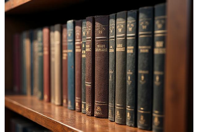 Gros plan sur une sélection de livres bien rangés sur une étagère en bois, éclairés par une lumière douce.