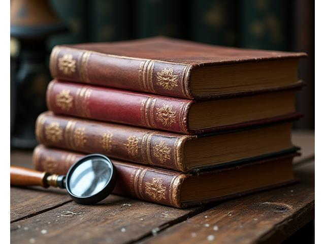 Pile de vieux livres reliés en cuir, certains ouverts, sur une table ancienne, avec une loupe