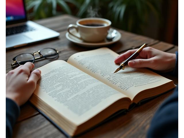 Main d'un auteur travaillant sur un manuscrit avec des lunettes et une tasse de café sur une table en bois