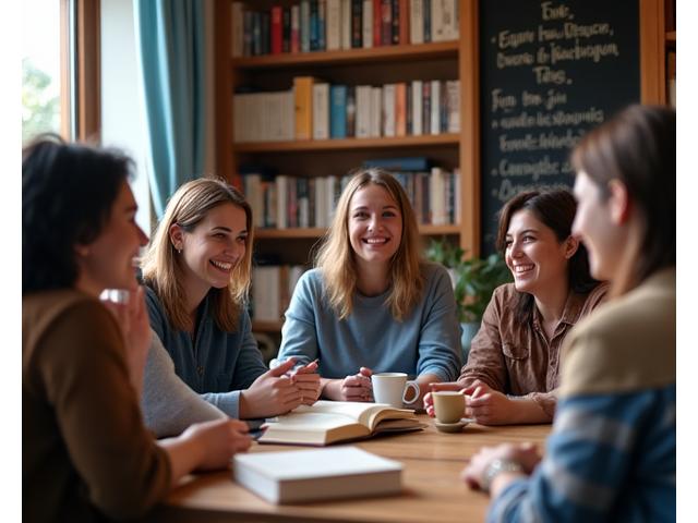 Un groupe de personnes souriantes participant à une discussion animée dans un club de lecture confortable