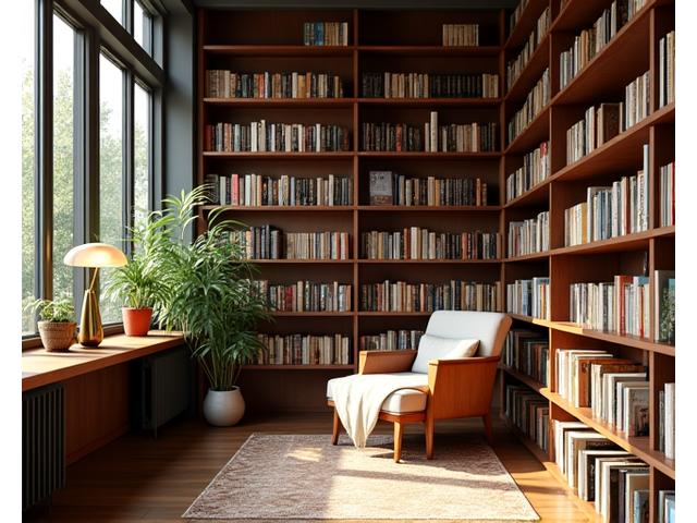 Intérieur chaleureux d'une librairie avec des étagères remplies de livres et un coin lecture confortable
